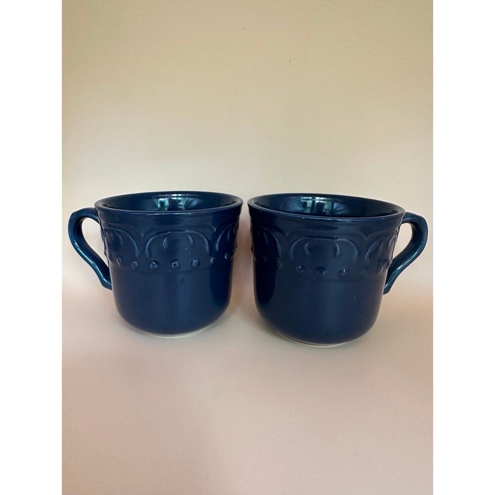 Candice Collection Elegant Dining Navy Blue Embossed Stoneware Coffee Mugs Set 2